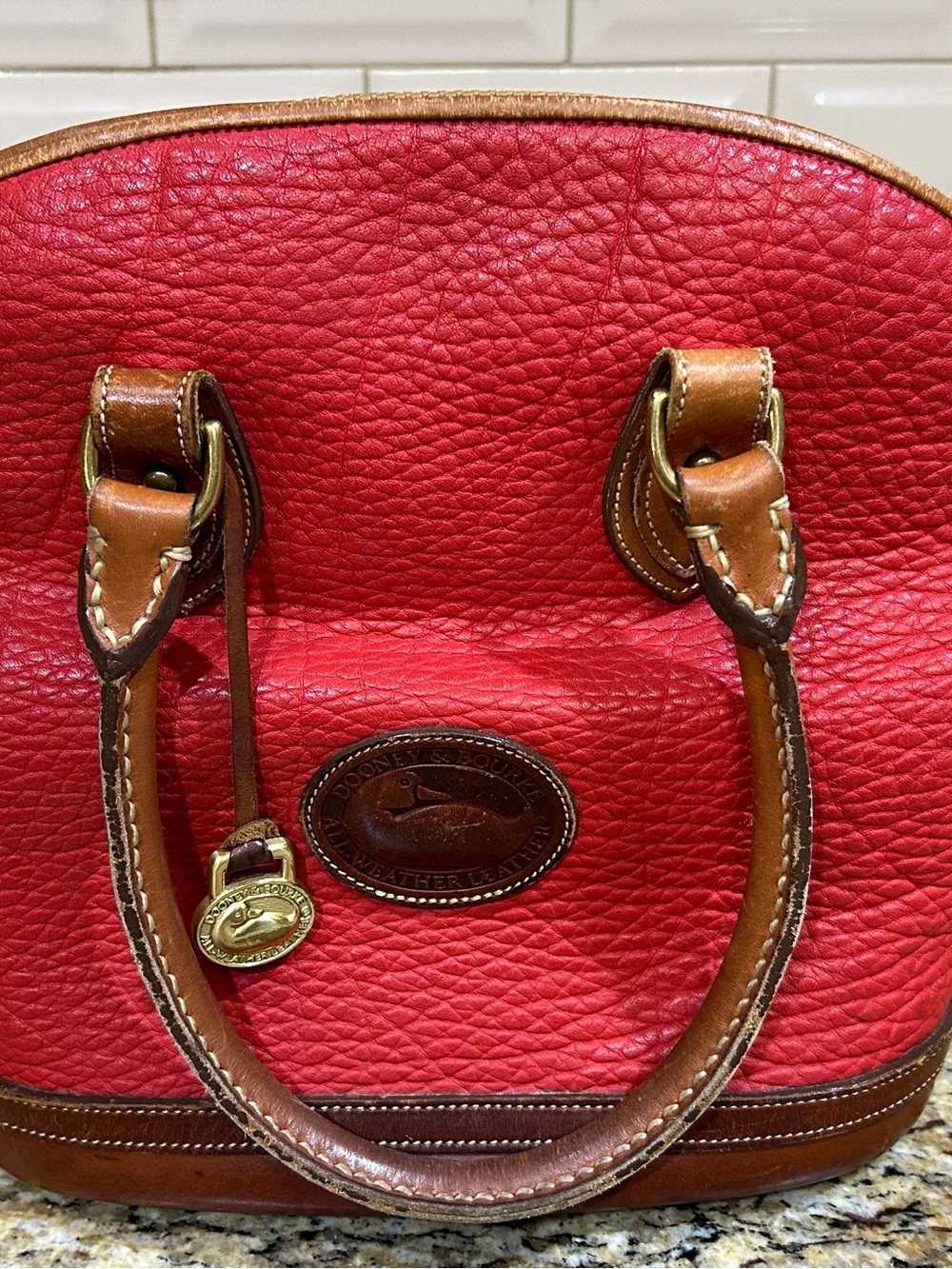 Dooney & Bourke Red Pebbled Leather Satchel with Brown Trim and Gold Hardware